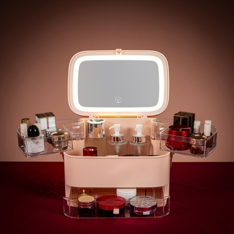 

Cosmetic Storage Box Dustproof Skin Care Products Desktop LED With Mirror Shelf, Colour: Pink Small LED Light Model