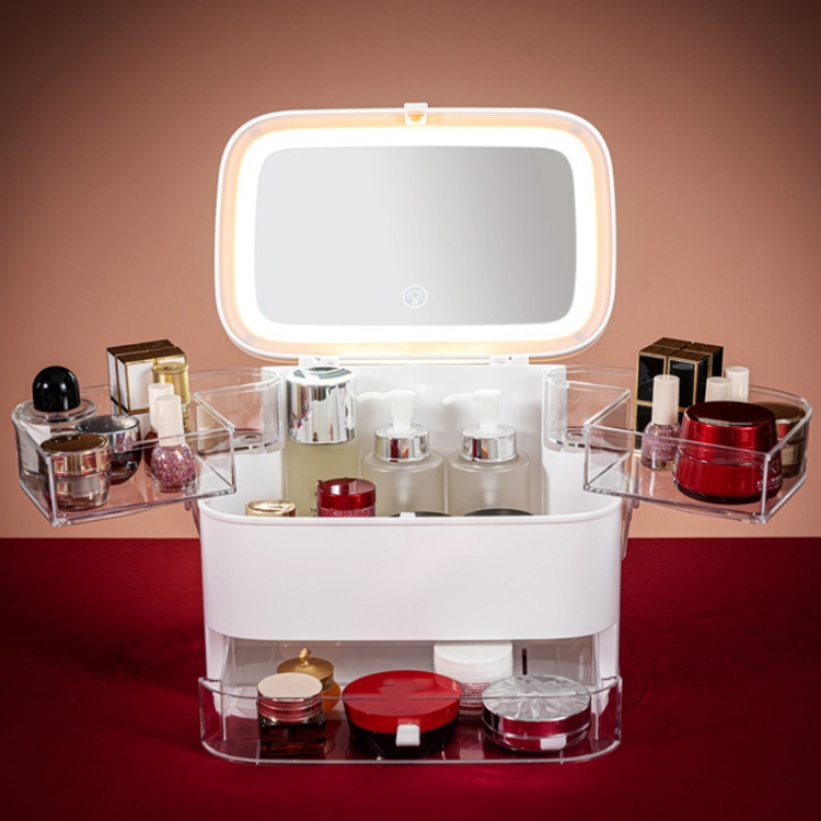 

Cosmetic Storage Box Dustproof Skin Care Products Desktop LED With Mirror Shelf, Colour: White Large LED Light Model