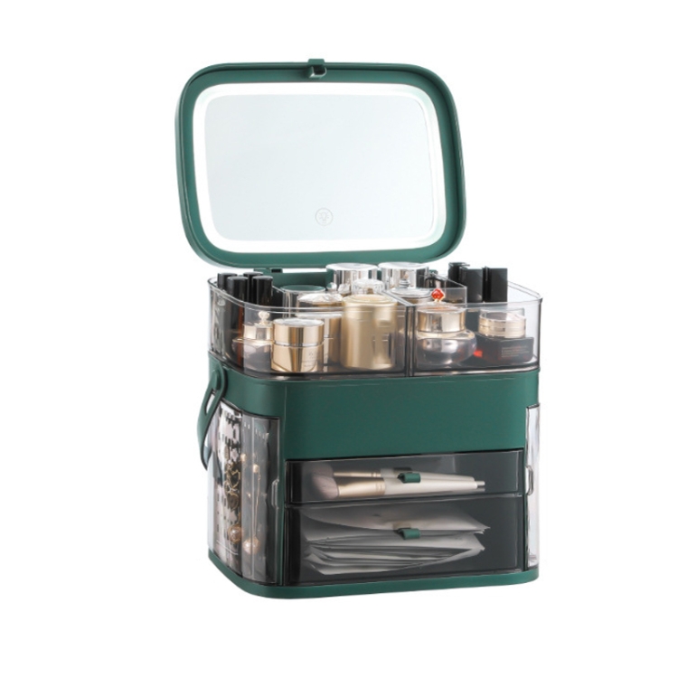 

1003 LED Mirror Cosmetic Storage Box Desktop Dust-Proof Skin Care Products Large-Capacity Rack, Specification: LED Style (Peacock Green)