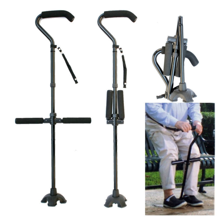 

Multifunctional Aluminum Alloy Folding Telescopic Crutches With Large Curved Handles For The Elderly To Assist Four-Legged Walking Sticks, Length: 87-97cm(Black)