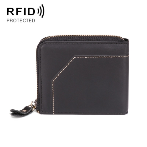 

2085 Men Cowhide Business RFID Wallet Multi-Card Slot Short Zipper Coin Purse(Black)