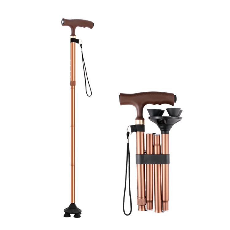 

TBS-009 Four-Legged Folding Elderly Crutches Aluminum Alloy Light And Multifunctional Non-Slip Crutches With Light(Brown)