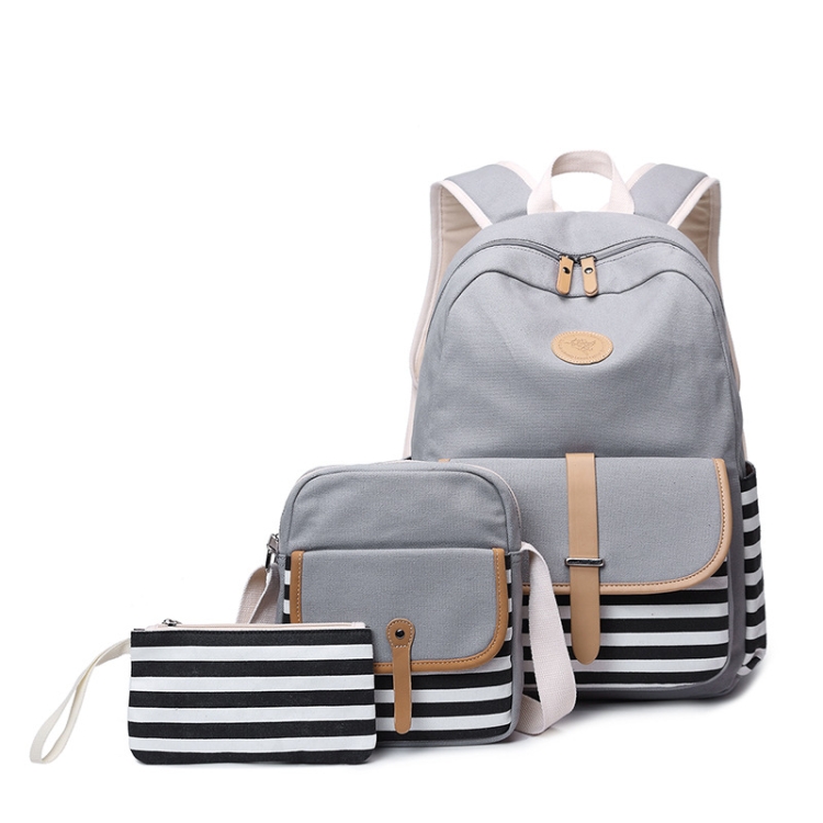 

8893-1 3 PCS/Set Canvas Backpack Printed Student Schoolbag Striped Computer Bag(Grey)