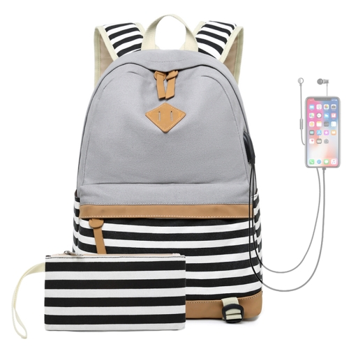 

2 PCS/Set Printed Canvas Backpack Student School Bag Striped Large Capacity Backpack(Grey)