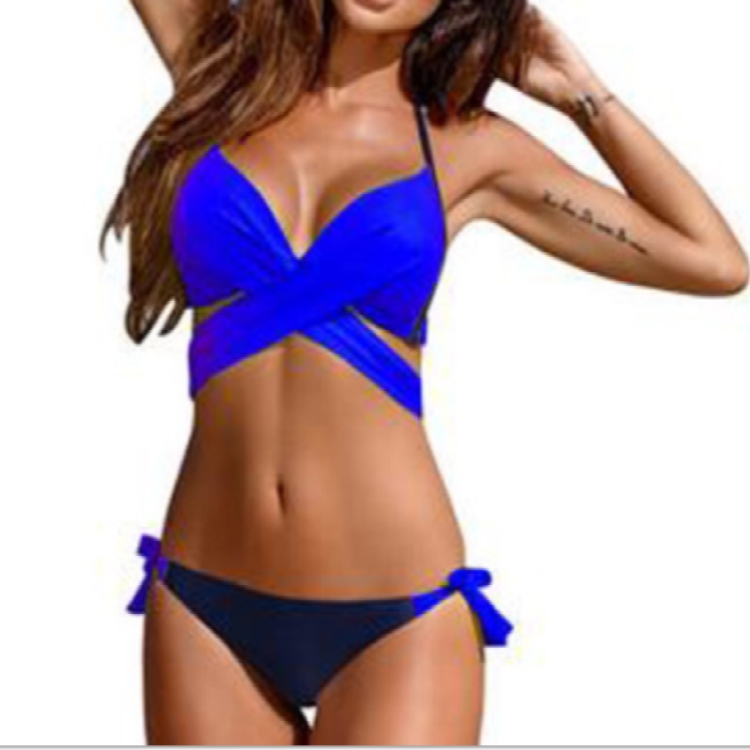 

Ladies Cross Patchwork Swimwear Backless Split Bikini, Size:XL(Royal blue)
