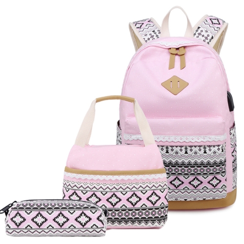 

3 PCS/Set 1905-1 Polka Canvas Backpack Student School Bag(Pink)