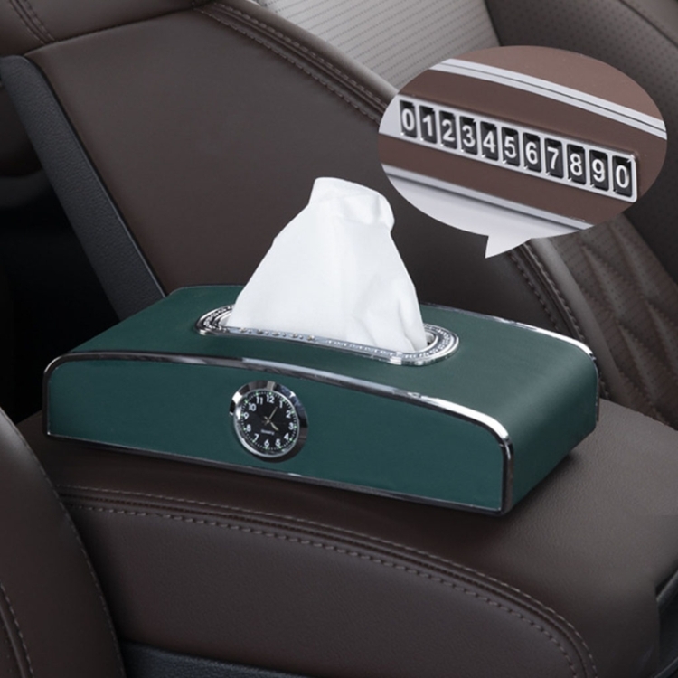 

Car Clock Tissue Box Multi-Function Vehicle Instrument Table Paper Towel Box, Style: Clock+Parking Card (Green)