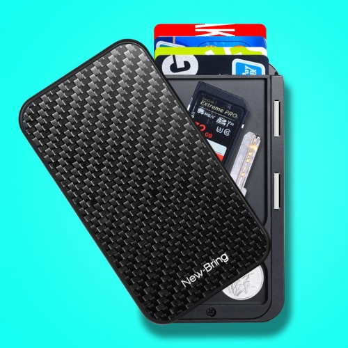 

New-Bring Metal Card Holder RFID Anti-Theft Magnetic Automatic Shift Business Card Sase Waterproof Wallet, Colour: Carbon Fiber