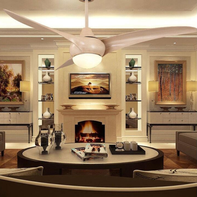 

52 inch Simple Modern Living Room Dining Room Bedroom Remote Control LED Fan Light Ceiling Light(White Wood Grain Color)
