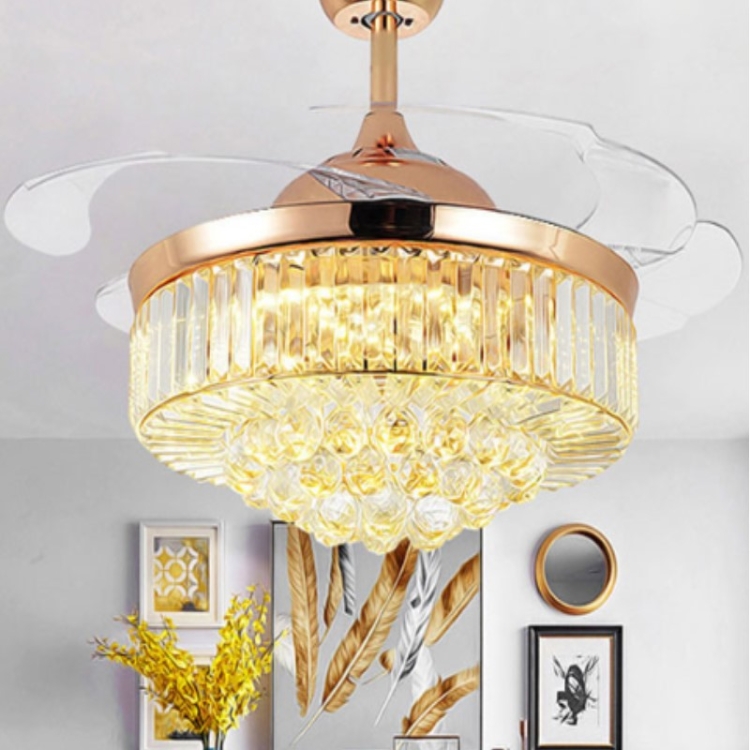 

Invisible Crystal Fan LED Chandelier Home Living Room Bedroom Variable Frequency Ceiling Fan Light with Remote Control, Size:52 inch 1102 Three-Color Dimming