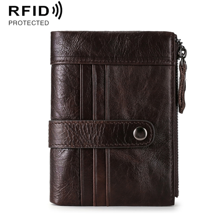 

FX-199 Leather Retro Men Double Zipper Short Wallet Anti-RFID Casual Wallet Coin Purse(Coffee )