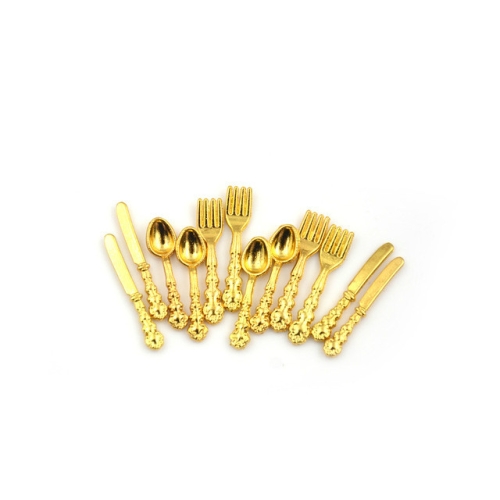 

12 PCS / Set Simulation Kitchen Food Furniture Toys Dollhouse Miniature Accessories 1:12 Fork Knife Soup Spoon Tableware(Gold)