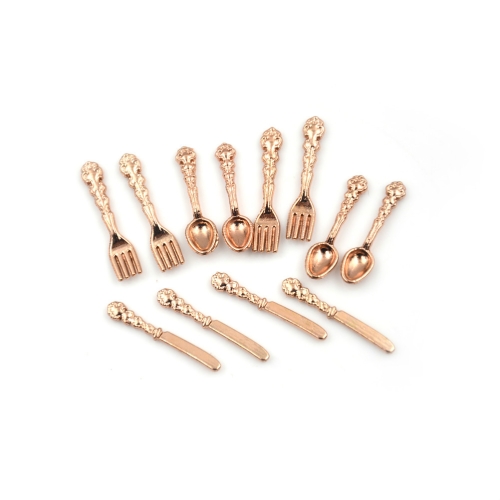 

12 PCS / Set Simulation Kitchen Food Furniture Toys Dollhouse Miniature Accessories 1:12 Fork Knife Soup Spoon Tableware(Rose Gold)