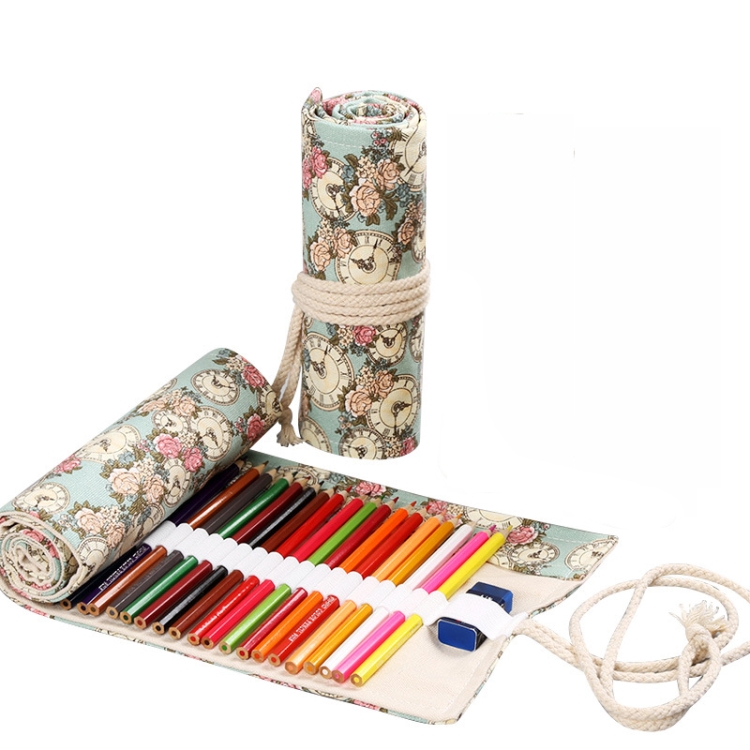 

2 PCS 12 Holes Handmade Canvas Pen Curtain Large-Capacity Pencil Case For Boys And Girls Color Pencil Sketch Stationery Box(Clock)