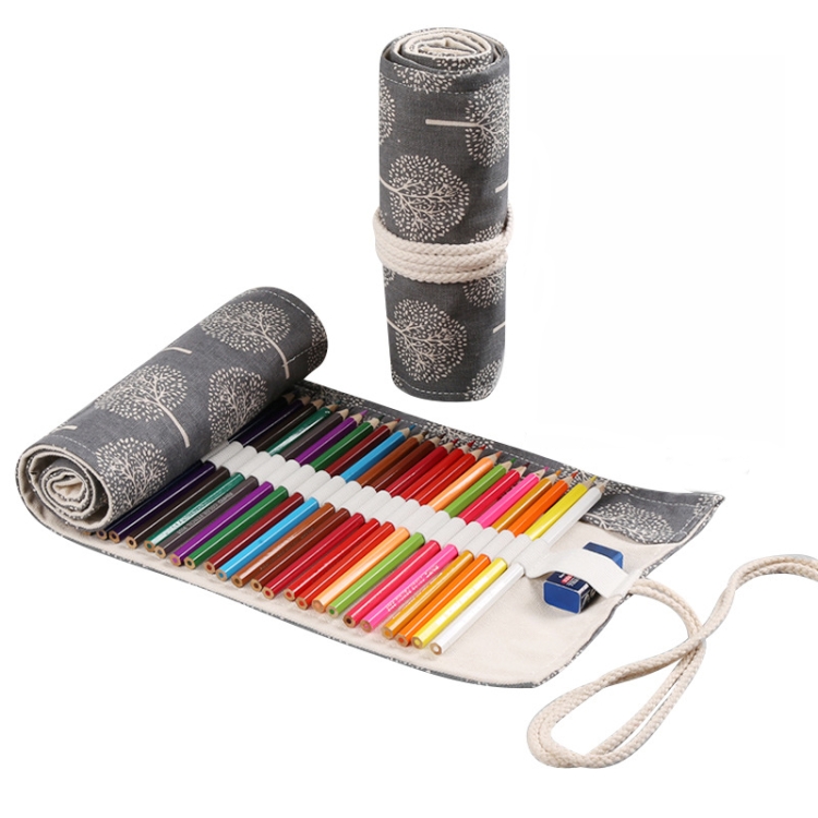 

2 PCS 24 Holes Handmade Canvas Pen Curtain Large-Capacity Pencil Case For Boys And Girls Color Pencil Sketch Stationery Box(Black And White Tree)