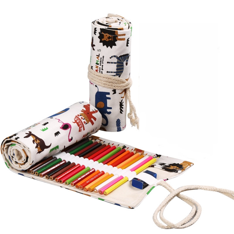 

2 PCS 36 Holes Handmade Canvas Pen Curtain Large-Capacity Pencil Case For Boys And Girls Color Pencil Sketch Stationery Box(Zoo)