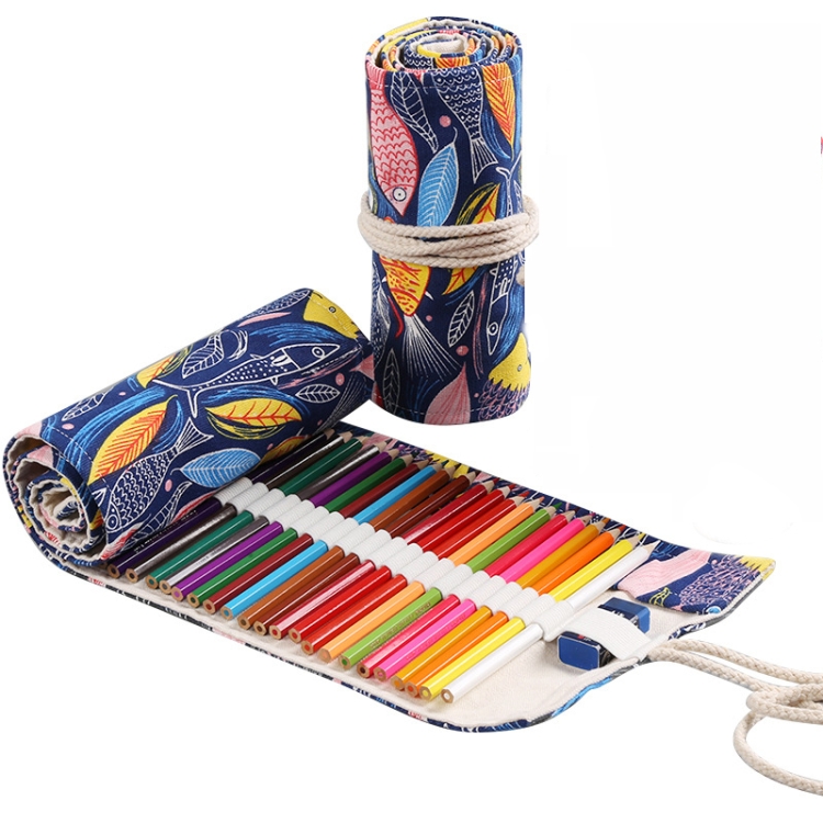 

2 PCS 48 Holes Handmade Canvas Pen Curtain Large-Capacity Pencil Case For Boys And Girls Color Pencil Sketch Stationery Box(Multicolored Fish)
