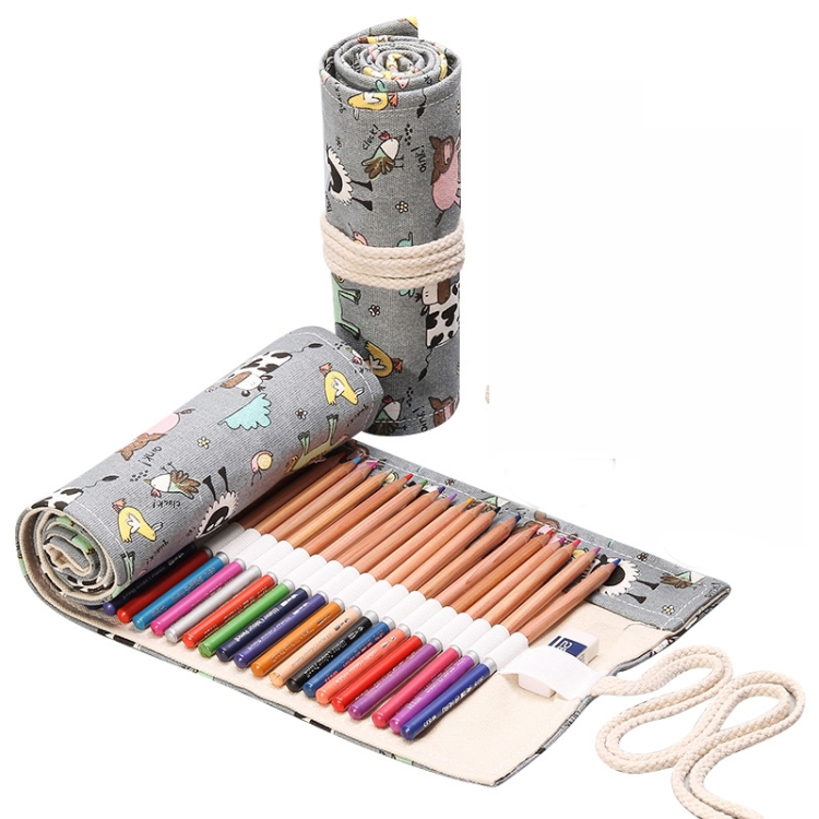

2 PCS 48 Holes Handmade Canvas Pen Curtain Large-Capacity Pencil Case For Boys And Girls Color Pencil Sketch Stationery Box(Gray Cow)