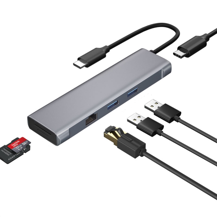 

T1901 Type-C Docking Station Multifunction Adapter HD Media Interface + RJ45 + USB3.0 X 2 + SD + TF Multifunction Hub(6 in 1 Silver Gray)