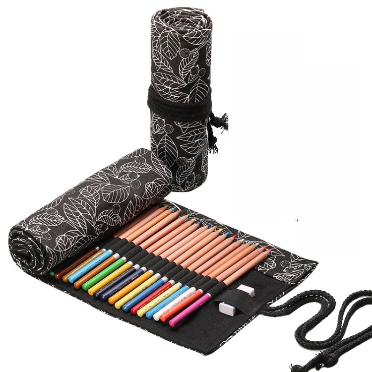 

2 PCS 24 Holes Black Leaf Canvas Printing Pen Curtain Large Capacity Roll Pen Bag Sketch Color Lead Pen Bag