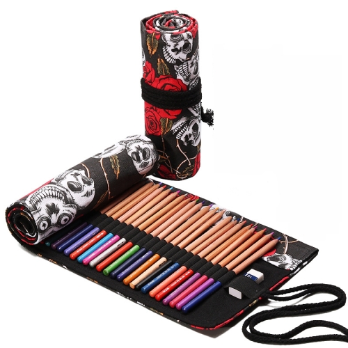 

2 PCS 12 Holes Rose Skull Canvas Roll Pen Curtain Boy And Girl Sketch Color Pencil Stationery Box