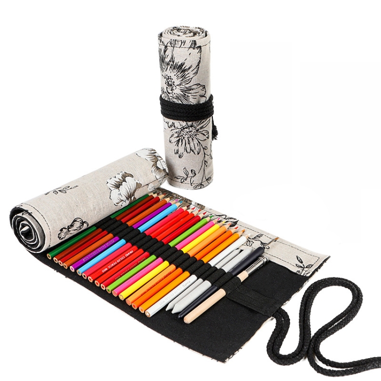 

2 PCS 12 Holes Black Peony Printer Canvas Pen Curtain Large Capacity Roller Pen Bag Sketch Color Pencil Stationery Box
