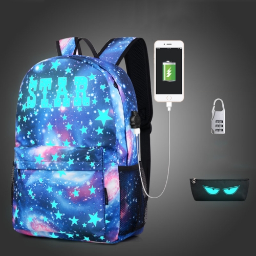 

Starry Sky Luminous Backpack Oxford Cloth Printed Backpack With Pen Case And Anti-Theft Lock, Specification:, Colour:Star Blue STAR (USB)