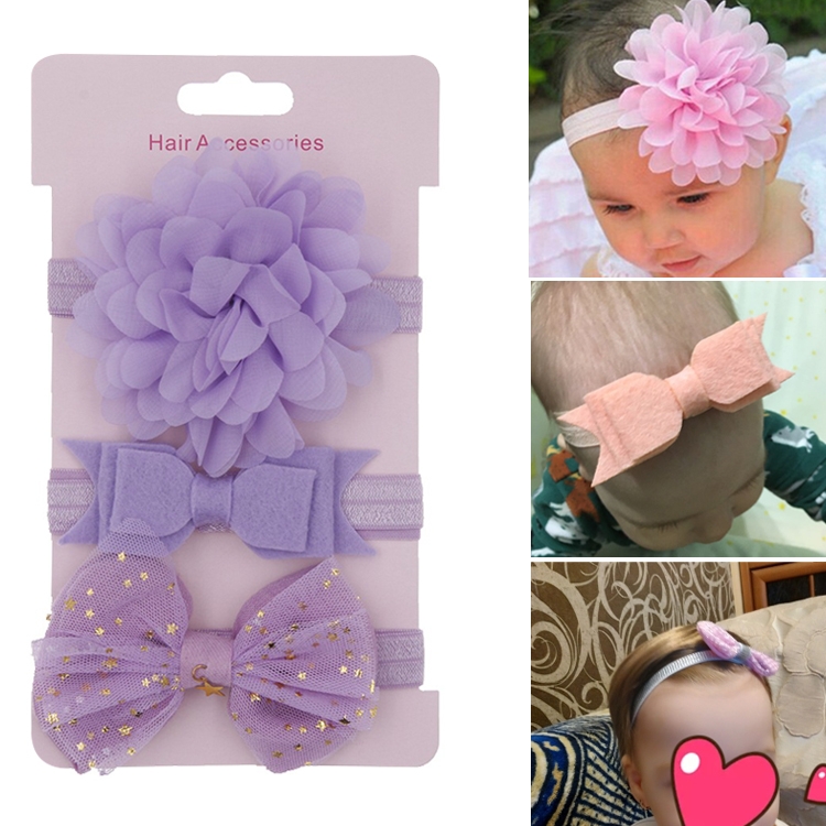 

3 in 1Children Bow Flower Headband Hair Band Hair Ring Read Tiara(Light purple)