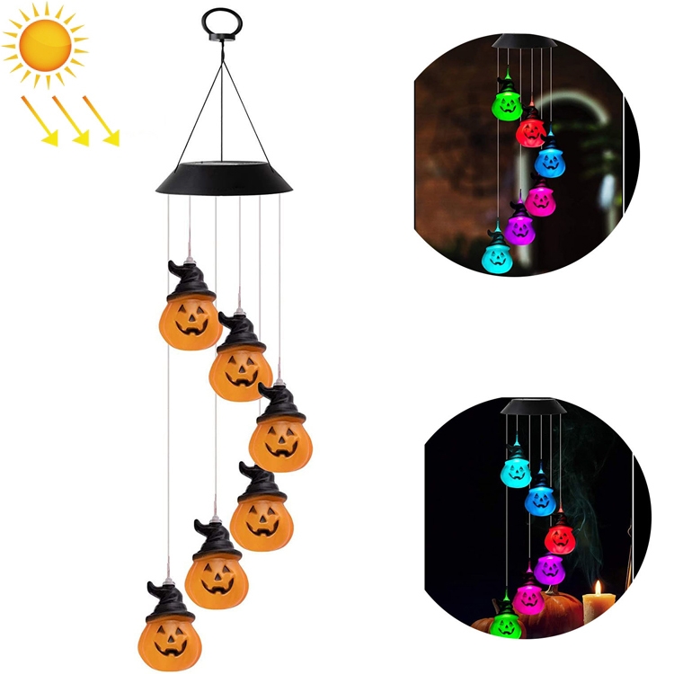

6 LED Solar Wind Chime Lamp Halloween Garden Decoration Pumpkin Lamp Holiday Gift(Black Shell )