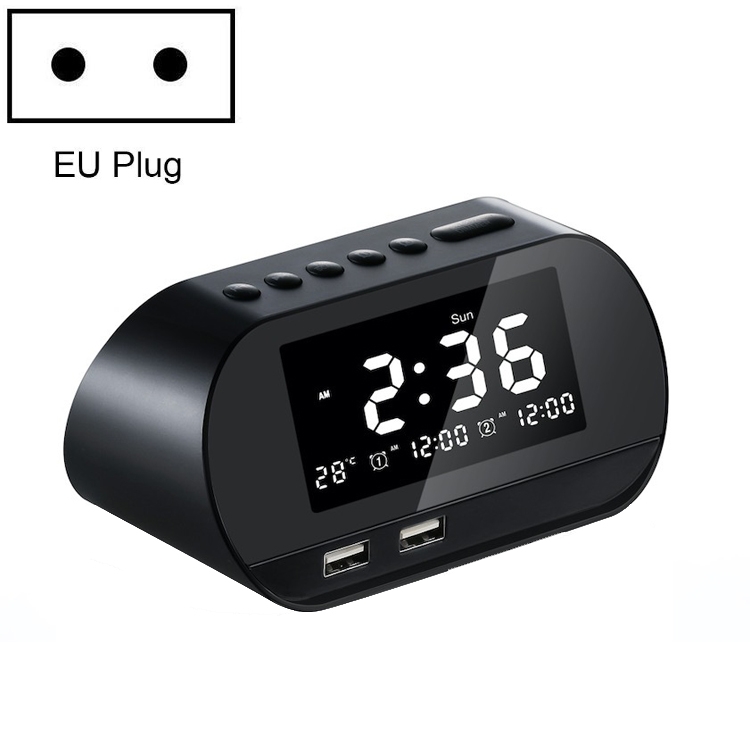 

Dual USB Charge Alarm Smart Wireless Radio LCD Temperature Clock, Specification: EU Plug(Black)