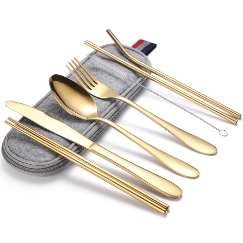 

7 in 1 Cutlery Spoon Chopsticks And Straw Set Stainless Steel Portable Cutlery Set, Specification: Gold+ Light Bag