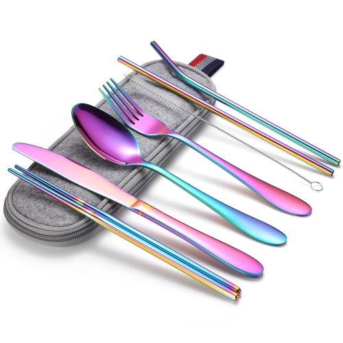 

7 in 1 Cutlery Spoon Chopsticks And Straw Set Stainless Steel Portable Cutlery Set, Specification: Symphony + Light Bag