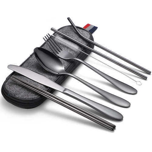 

7 in 1 Cutlery Spoon Chopsticks And Straw Set Stainless Steel Portable Cutlery Set, Specification: Black + Deep Bag