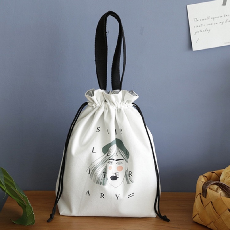 

Drawstring Cotton Canvas Lunch Box Insulation Picnic Handbag, Style:Woman Avatar(White)