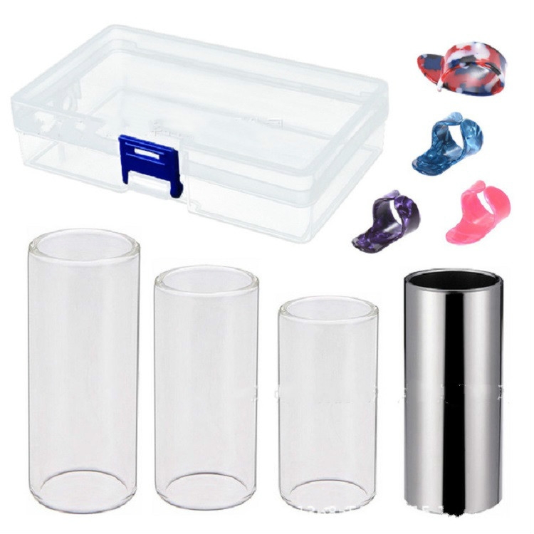 

M02219 4 in 1 Plexiglass Slid Bar + Stainless Steel Slid Bar + Celluloid Guitar Finger Pick + Plastic Box Set