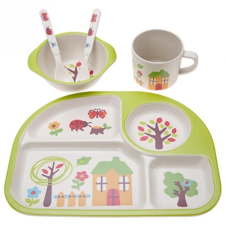 

5 PCS/set Eco-friendly Bamboo Fiber Baby Plate Dishes 4 Slots Children Tableware Dishes Dinnerware(Green)