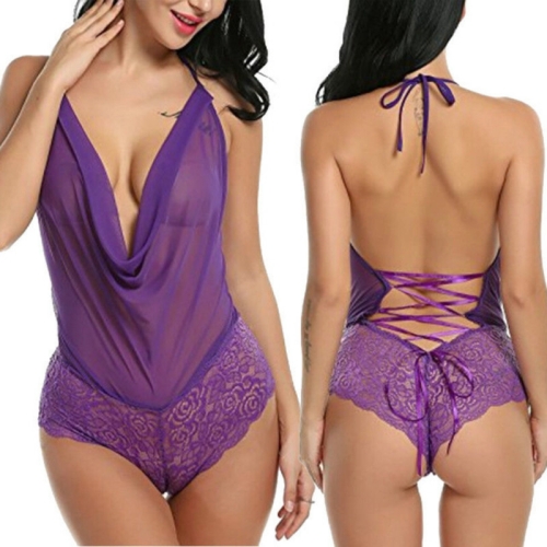 

3 PCS Lace Siamese Sexy Lingerie Erotic Underwear, Size:XXL(Purple)