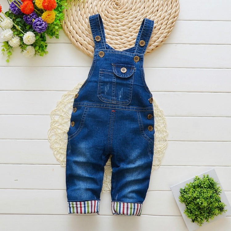 

Children Button Denim Bib Pants, Size:100cm(Blue)