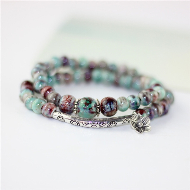 

Flower Ceramic Beads Double Natural Stone Charm Handmade Bracelets(Colorful Color)
