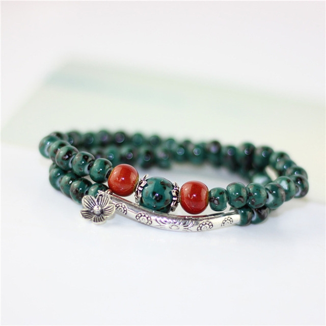 

Flower Ceramic Beads Double Natural Stone Charm Handmade Bracelets(Green Color)