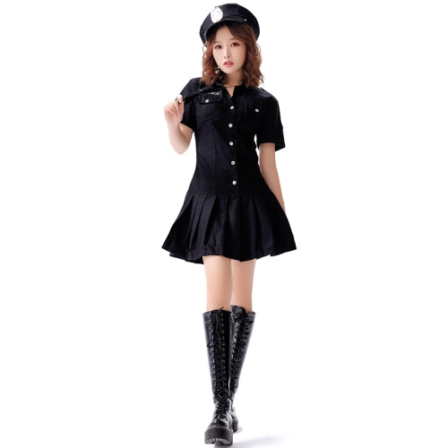 

8331 Cotton Tie Policewoman Costume Halloween Bar Nightclub Uniform Set, Size: S(Black)