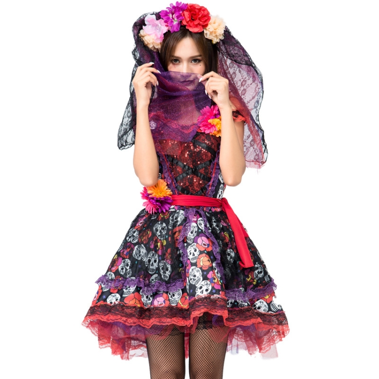 

PS8527 Halloween Costume Rose Skull Print Ghost Bride Dress, Size: L(Red)