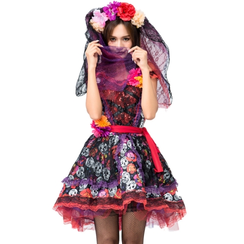 

PS8527 Halloween Costume Rose Skull Print Ghost Bride Dress, Size: XXL(Red)