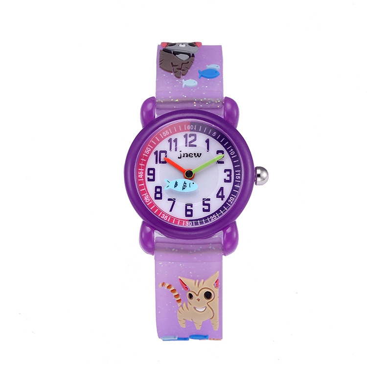

JNEW A335-86264 Children Cartoon 3D Kitten Catching Fish Silicone Waterproof Quartz Watch(Purple)