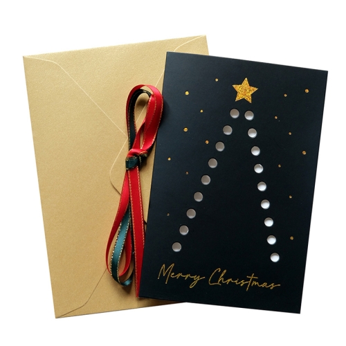 

10 Sets DIY Gold Rim Ribbon Christmas Tree Greeting Card Bronzing Folding Christmas Card(Black)