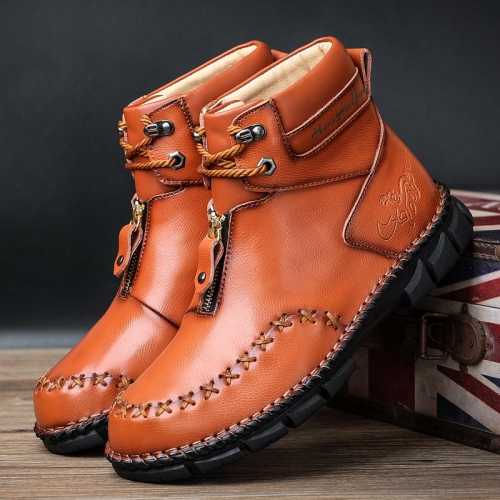 

PO825 Autumn And Winter Men Martin Boots Leather Hand-stitched High-Top Men Shoes, Size: 39(Red Brown)