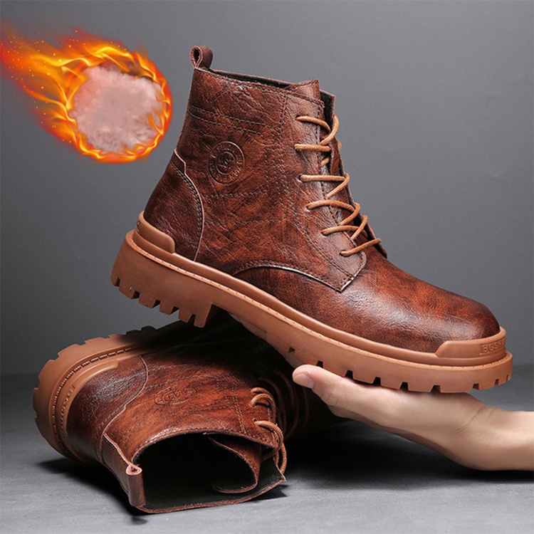 

AS9268 Autumn And Winter High-Top Man Martin Boots Leather Warm Men Shoes, Size: 44(Brown-Cotton Lining)
