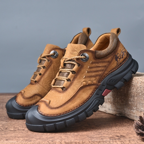 

AS6058 Autumn Men Outdoor Hiking Shoes Lace-up Round Head Leather Shoes, Size: 43(Khaki)