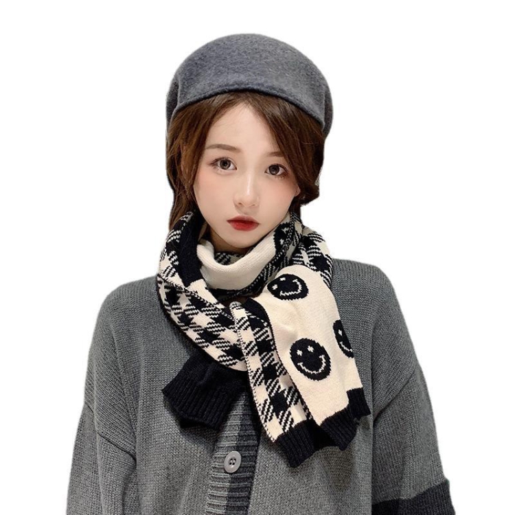 

Double-Sided Cute Smiling Face Wool Scarf Women Autumn And Winter All-Match Thick Warm Knitted Bib, Length (cm): 190cm(Black)