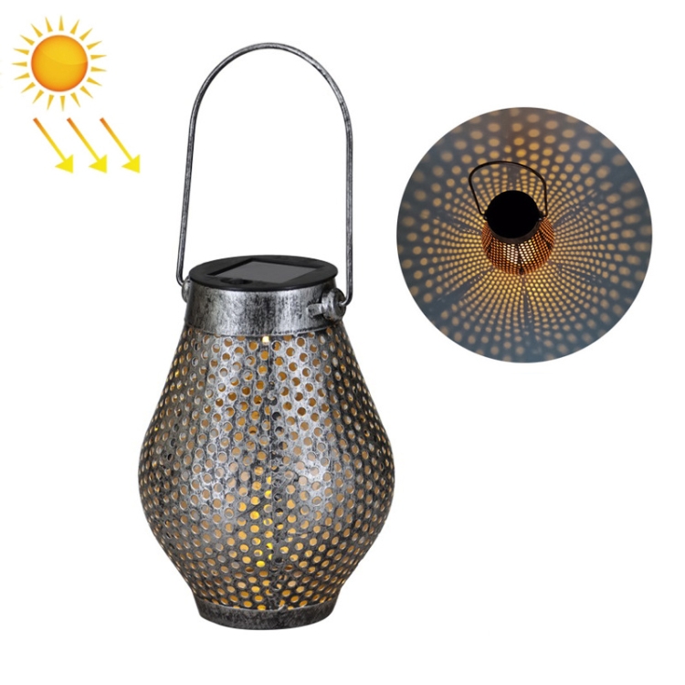 

Outdoor Courtyard Wrought Iron LED Solar Portable Hollow Lantern(Silver)